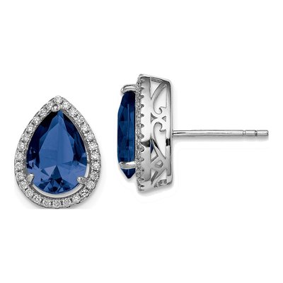 Sterling Silver Lab-Created Sapphire & CZ Button Stud Earrings