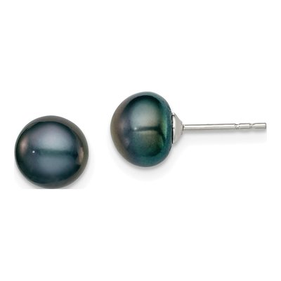 Sterling Silver Black Freshwater Cultured Pearl Button Stud Earrings