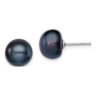 Sterling Silver Black Freshwater Cultured Pearl Button Stud Earrings