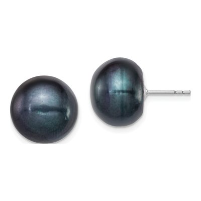 Sterling Silver Black Freshwater Cultured Pearl Button Stud Earrings