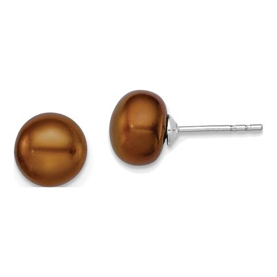 Sterling Silver Brown Freshwater Cultured Pearl Button Stud Earrings