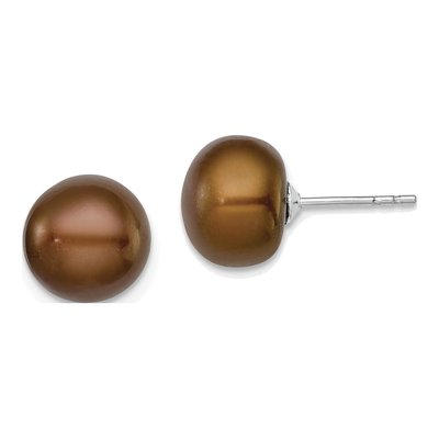 Sterling Silver Brown Freshwater Cultured Pearl Button Stud Earrings