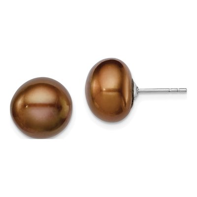 Sterling Silver Button Brown Freshwater Cultured Pearl Stud Earrings