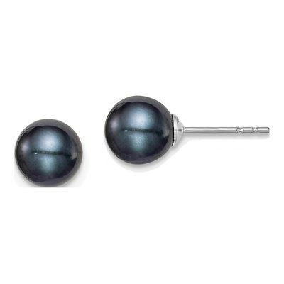 Sterling Silver Round Black Freshwater Cultured Pearl Stud Earrings