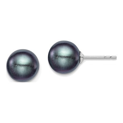 Sterling Silver Round Black Freshwater Cultured Pearl Stud Earrings