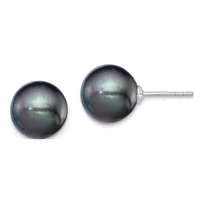 Sterling Silver Round Black Freshwater Cultured Pearl Stud Earrings