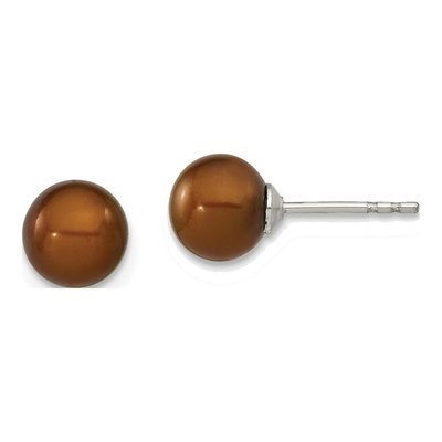Sterling Silver Round Brown Freshwater Cultured Pearl Stud Earrings