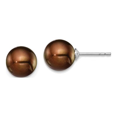 Sterling Silver Round Brown Freshwater Cultured Pearl Stud Earrings