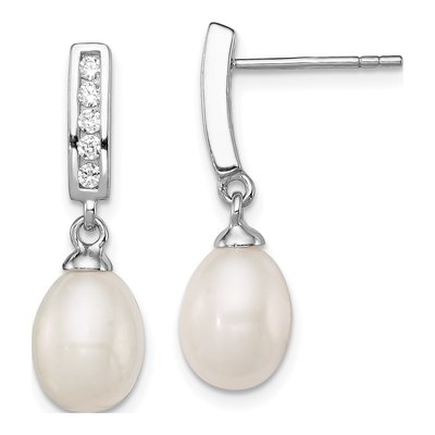 Sterling Silver Freshwater Cultured Pearl & CZ Dangle Earrings