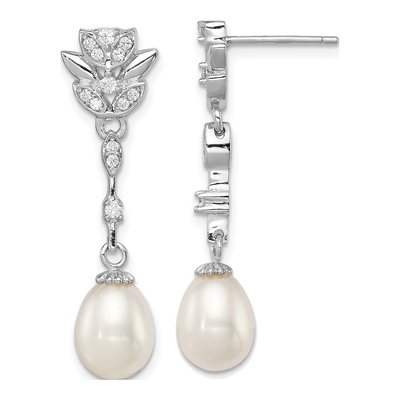 Sterling Silver Freshwater Cultured Pearl & CZ Dangle Earrings