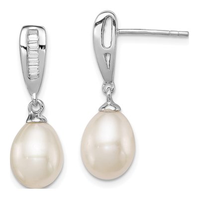 Sterling Silver Freshwater Cultured Pearl & CZ Dangle Earrings