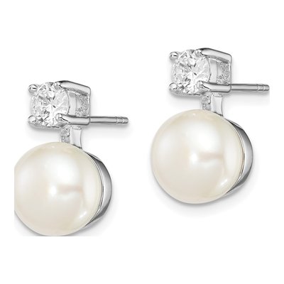 Sterling Silver 4.5mm Round Freshwater Cultured Pearl & CZ Button Stud Earrings – view 3