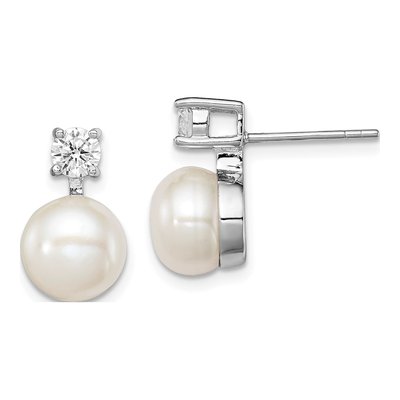 Sterling Silver 4.5mm Round Freshwater Cultured Pearl & CZ Button Stud Earrings