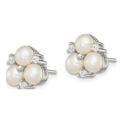 Sterling Silver Round Freshwater Cultured Pearl & CZ Button Stud Earrings – view 3