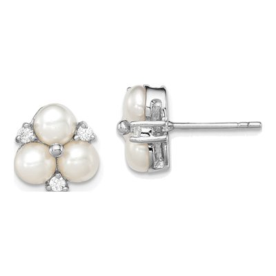 Sterling Silver Round Freshwater Cultured Pearl & CZ Button Stud Earrings