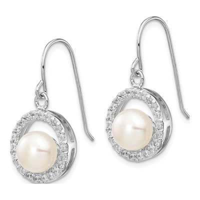 Sterling Silver Freshwater Cultured Pearl & CZ Dangle Earrings – view 2