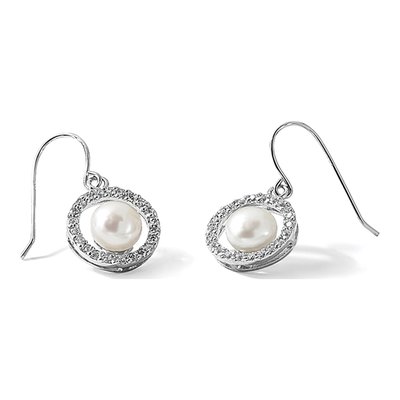 Sterling Silver Freshwater Cultured Pearl & CZ Dangle Earrings – view 5
