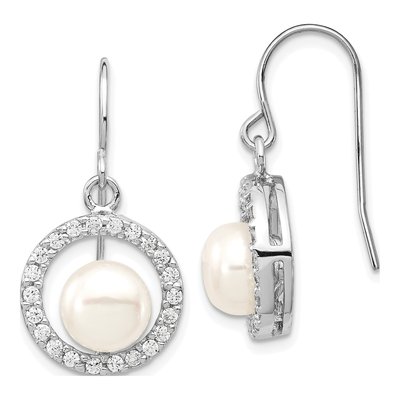 Sterling Silver Freshwater Cultured Pearl & CZ Dangle Earrings