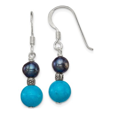Sterling Silver Black Freshwater Cultured Pearl & Turquoise Dangle Earrings