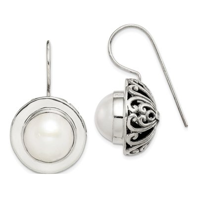 Sterling Silver Freshwater Cultured Pearl Filigree Mabe Dangle Earrings