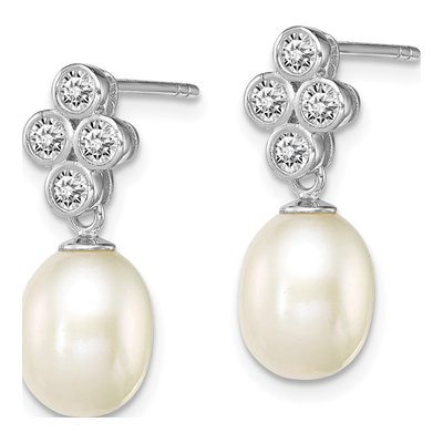 Sterling Silver Freshwater Cultured Pearl & CZ Dangle Earrings – view 3