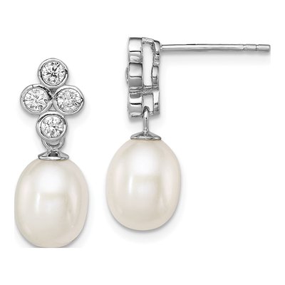 Sterling Silver Freshwater Cultured Pearl & CZ Dangle Earrings