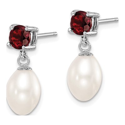 Sterling Silver Freshwater Cultured Pearl & Garnet Dangle Earrings – view 3