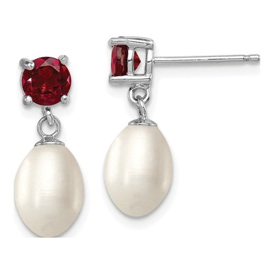 Sterling Silver Freshwater Cultured Pearl & Garnet Dangle Earrings