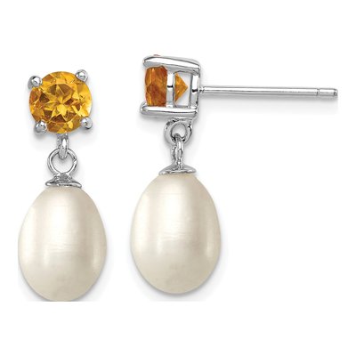 Sterling Silver Freshwater Cultured Pearl & Citrine Teardrop 94CI Dangle Earrings