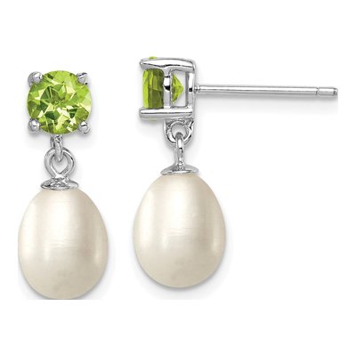Sterling Silver Freshwater Cultured Pearl & Peridot Teardrop Dangle Earrings