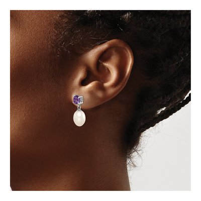 Sterling Silver Freshwater Cultured Pearl & Amethyst Dangle Earrings – view 3