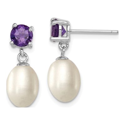 Sterling Silver Freshwater Cultured Pearl & Amethyst Dangle Earrings