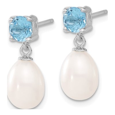 Sterling Silver Freshwater Cultured Pearl & Sky Blue Topaz Dangle Earrings – view 3