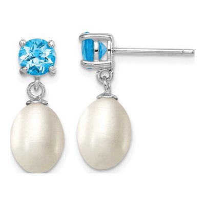 Sterling Silver Freshwater Cultured Pearl & Sky Blue Topaz Dangle Earrings