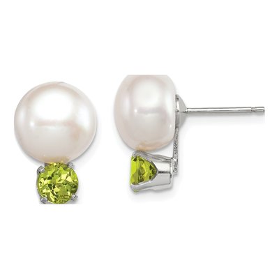 Sterling Silver Freshwater Cultured Pearl & Peridot Button Stud Earrings