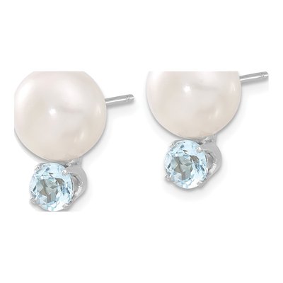 Sterling Silver Button Freshwater Cultured Pearl & Sky Blue Topaz Stud Earrings – view 3
