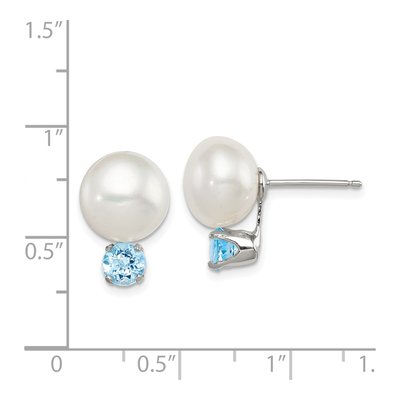 Sterling Silver Button Freshwater Cultured Pearl & Sky Blue Topaz Stud Earrings – view 5