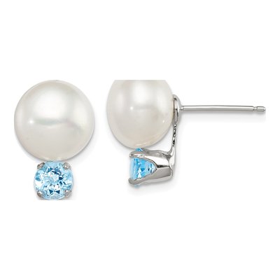 Sterling Silver Button Freshwater Cultured Pearl & Sky Blue Topaz Stud Earrings