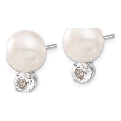Sterling Silver Freshwater Cultured Pearl & White Topaz Rh-Pltd Button Stud Earrings – view 3