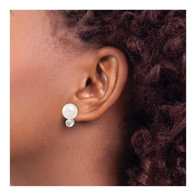 Sterling Silver Freshwater Cultured Pearl & White Topaz Rh-Pltd Button Stud Earrings – view 4