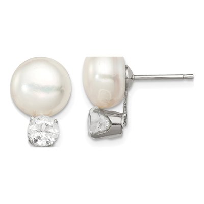 Sterling Silver Freshwater Cultured Pearl & White Topaz Rh-Pltd Button Stud Earrings