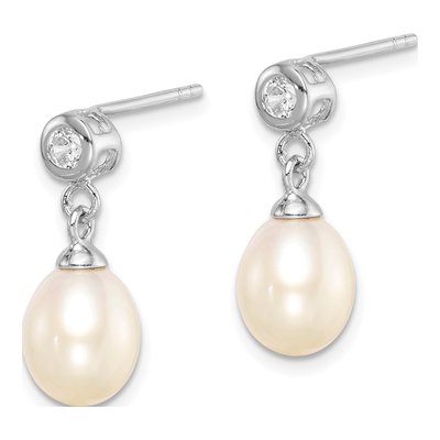 Sterling Silver Freshwater Cultured Pearl & CZ Dangle Earrings – view 3