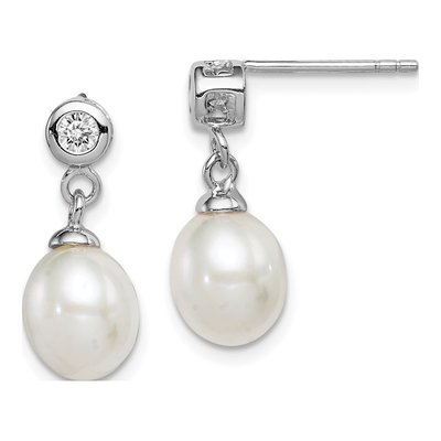 Sterling Silver Freshwater Cultured Pearl & CZ Dangle Earrings