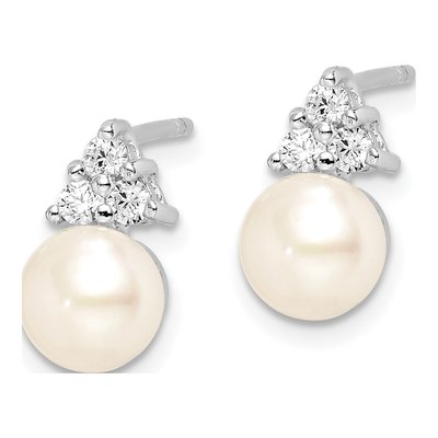 Sterling Silver Round Freshwater Cultured Pearl & CZ Button Stud Earrings – view 2