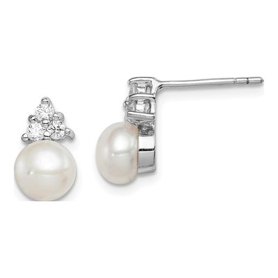Sterling Silver Round Freshwater Cultured Pearl & CZ Button Stud Earrings