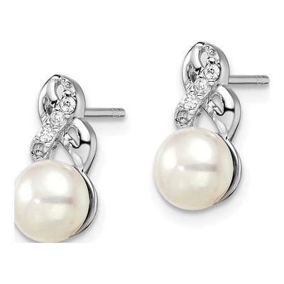 Sterling Silver Round Freshwater Cultured Pearl & CZ Button Stud Earrings – view 3