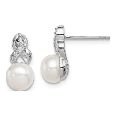 Sterling Silver Round Freshwater Cultured Pearl & CZ Button Stud Earrings
