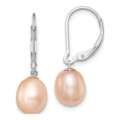 Sterling Silver Pink & White Pearl Leverback Earrings – view 5