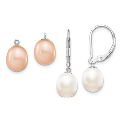 Sterling Silver Pink & White Pearl Leverback Earrings