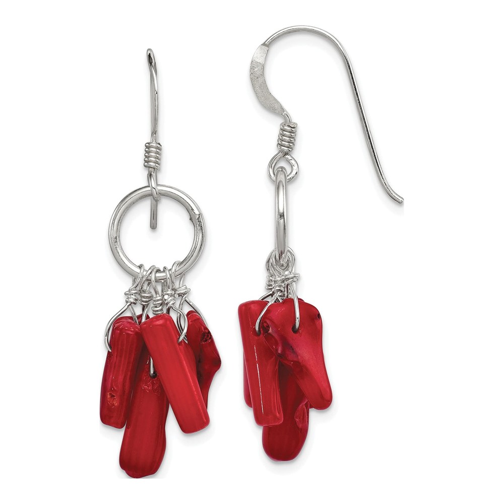 Sterling Silver Red Coral Circle Dangle Earrings